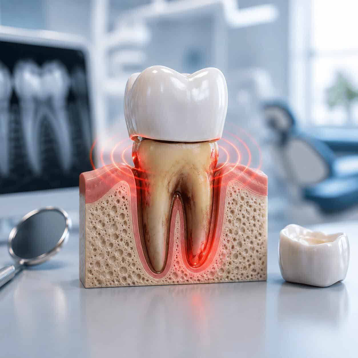 Sezione di un dente con corona dentale che mostra un'infiammazione a livello della radice
