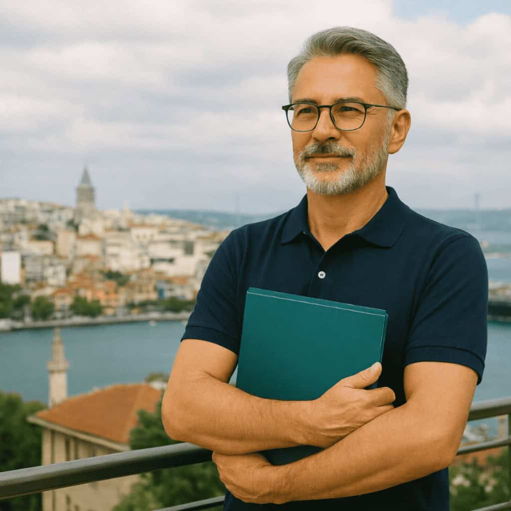 Uomo maturo con cartella clinica a Istanbul – consulenza e preventivo medico gratuito validato per interventi estetici e dentali in Turchia