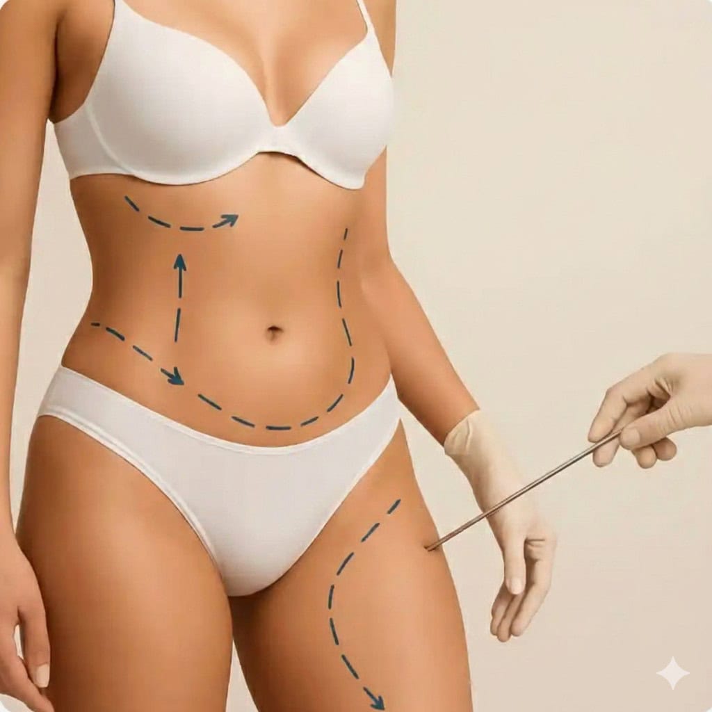 Schema delle zone trattate con liposuzione su addome e cosce per un corpo tonico