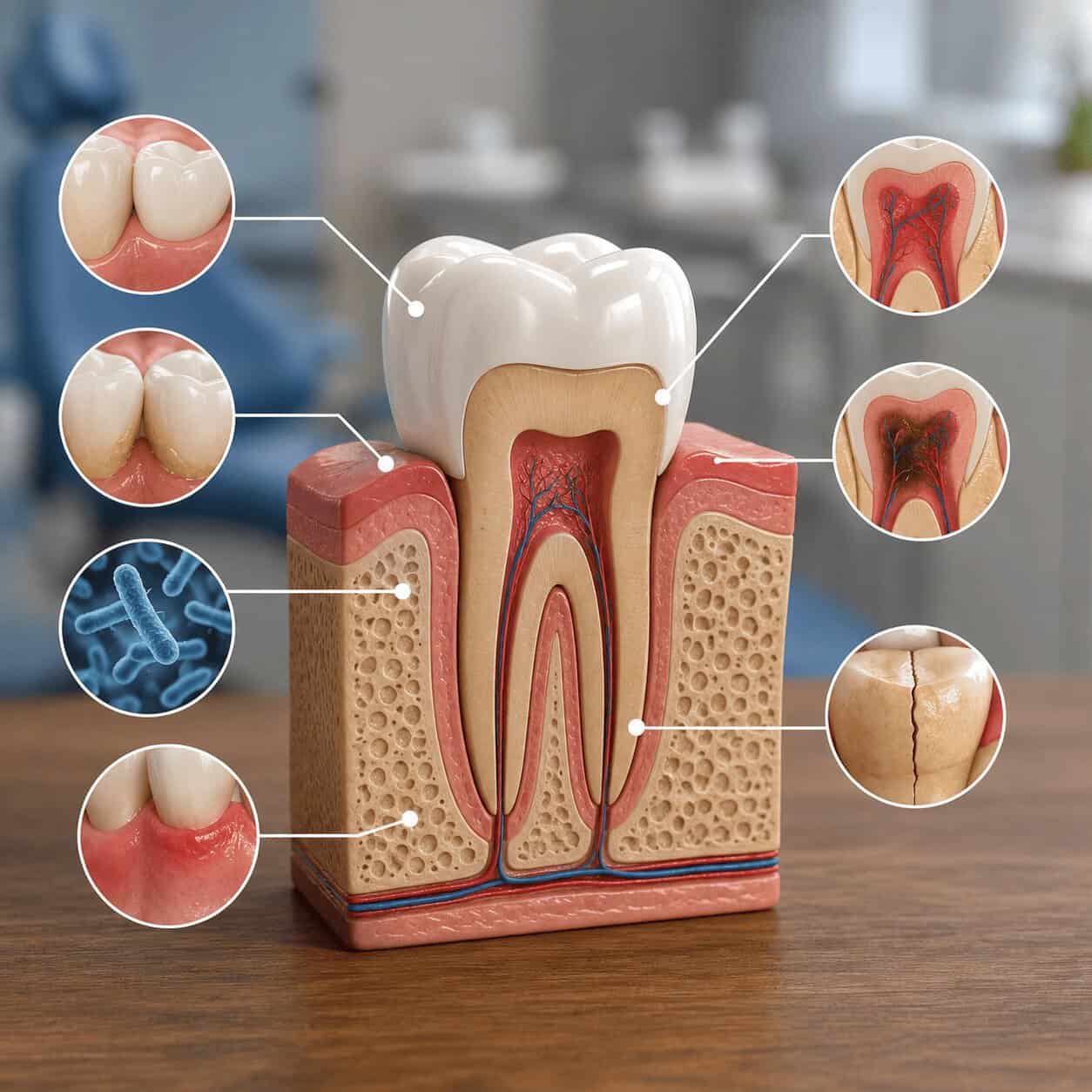 Schema che illustra i principali sintomi del dolore sotto una corona dentale