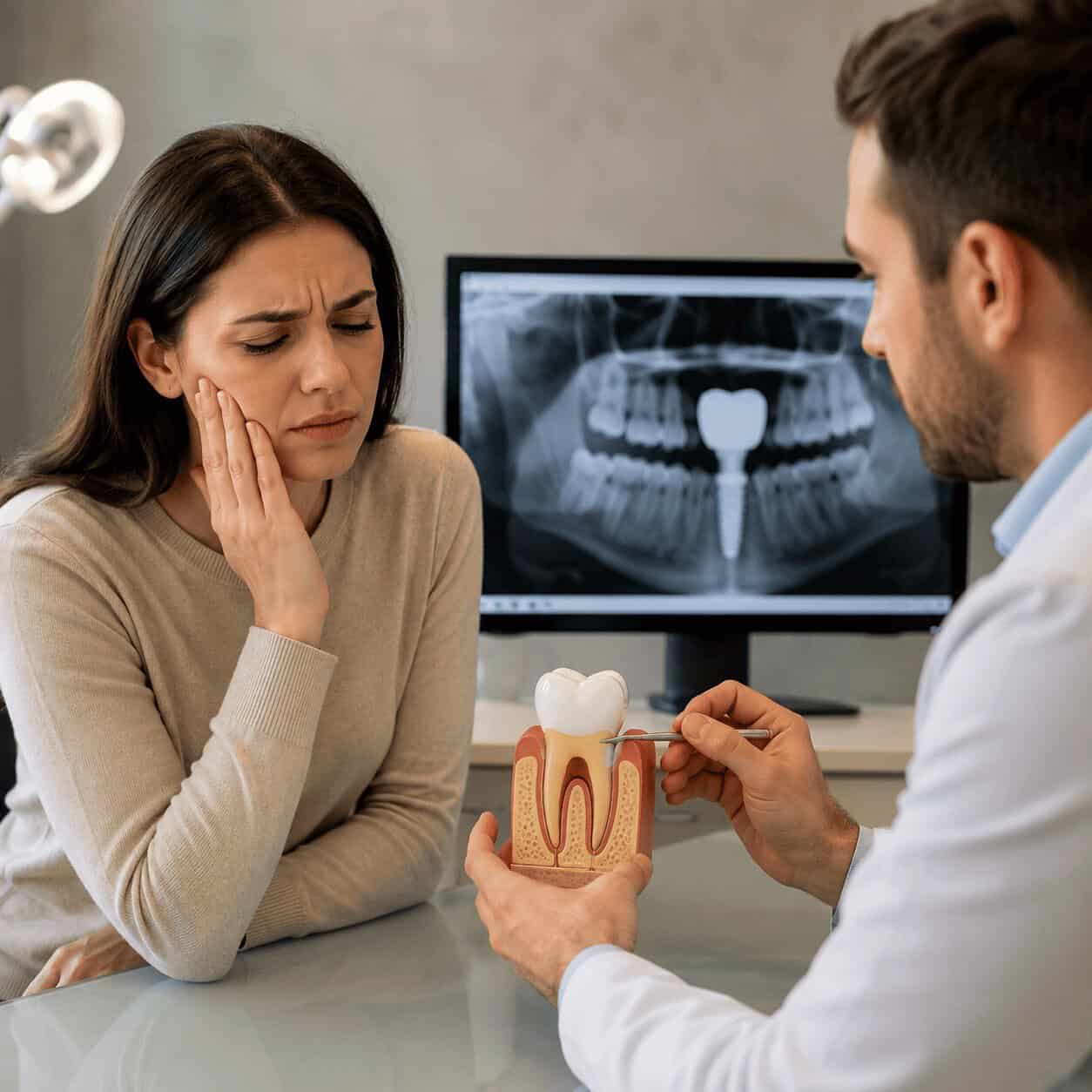 Paziente con dolore sotto una corona dentale durante una visita dal dentista