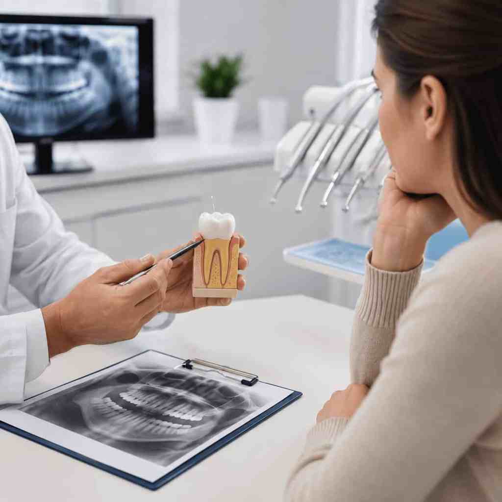 Dentista che spiega l'origine del dolore sotto una corona dentale con l'aiuto di una radiografia