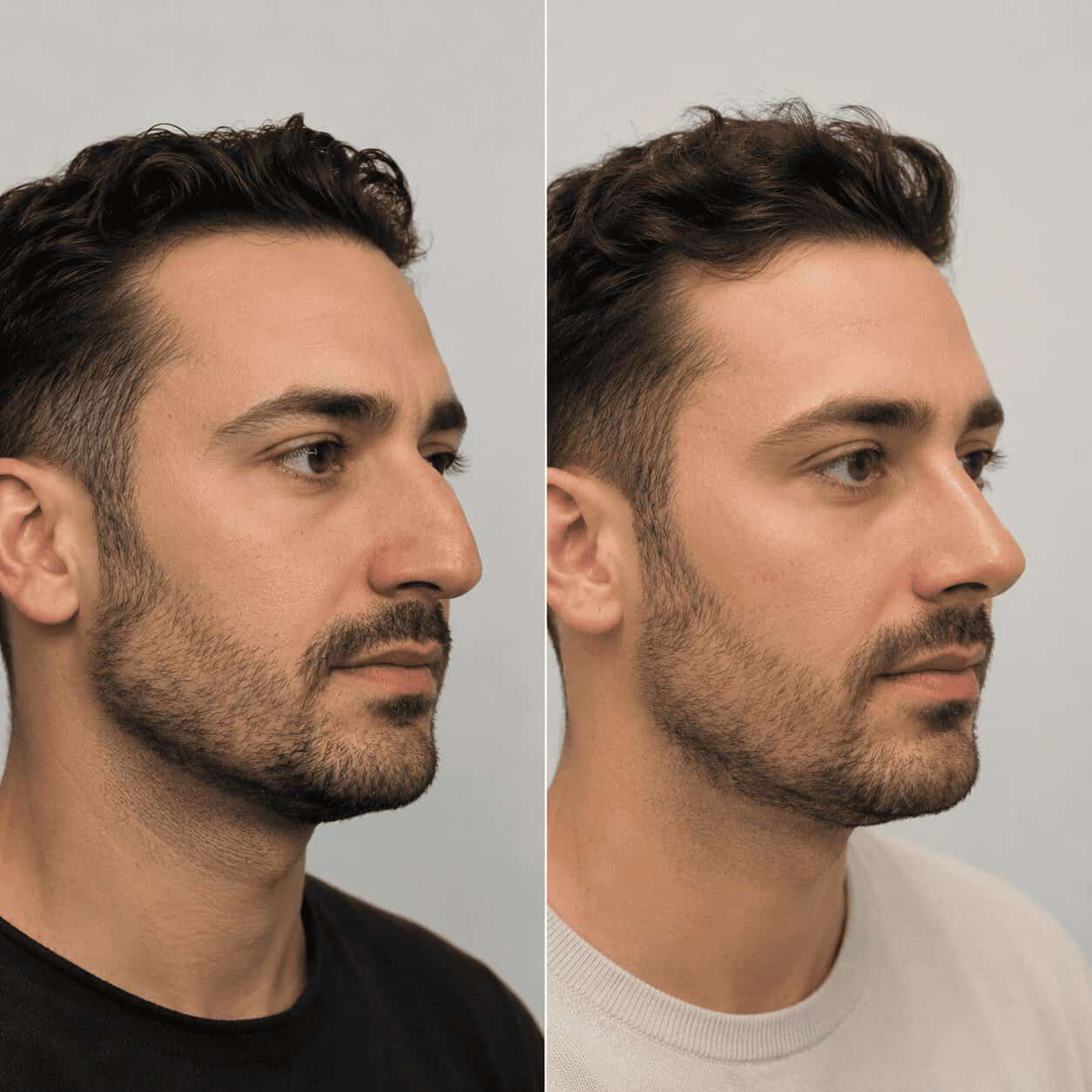 Avant et après une rhinoplastie chez un jeune homme avec un résultat naturel obtenu en Turquie.
