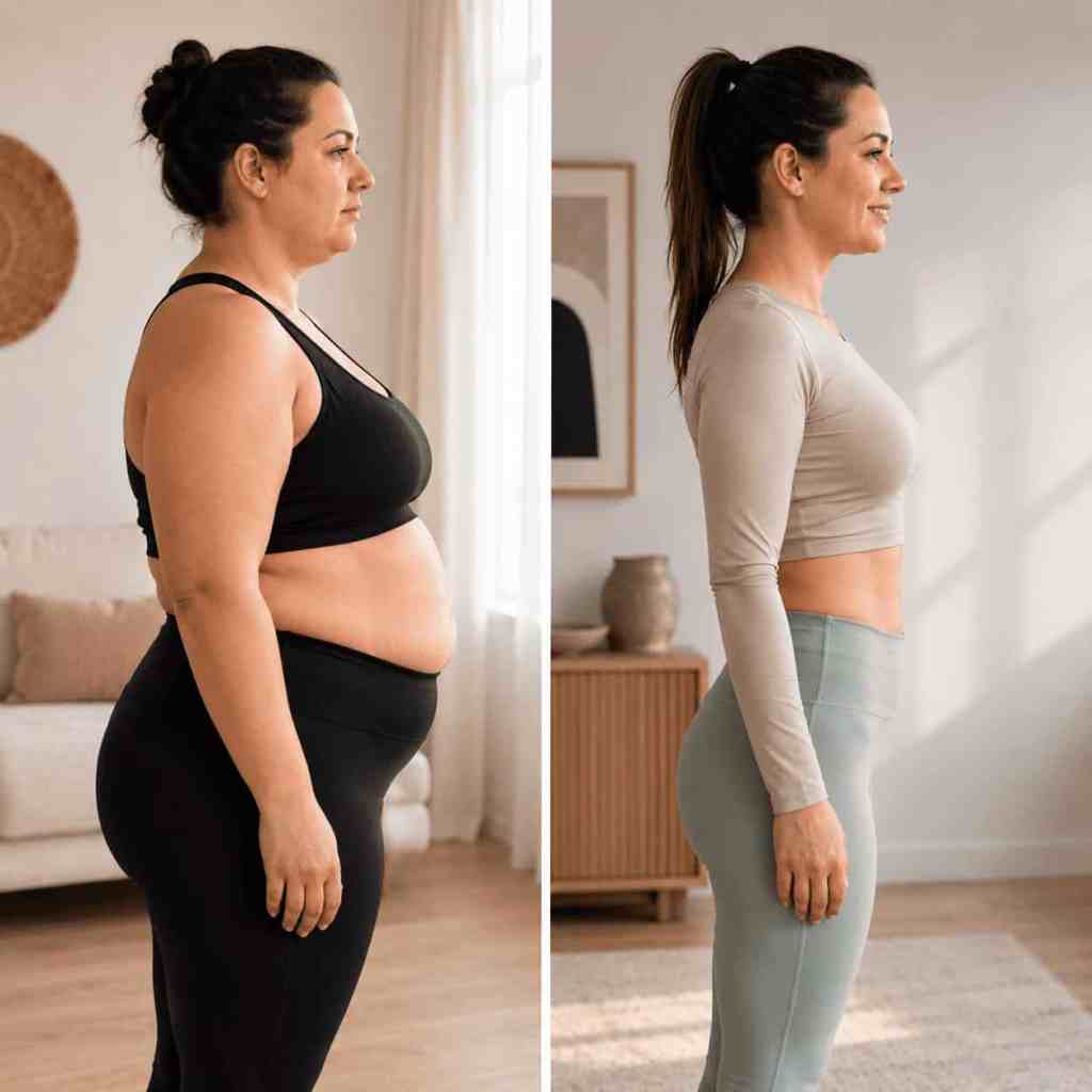 Comparatif avant après d'une sleeve gastrectomie en Turquie montrant une importante perte de poids et une silhouette affinée vue de profil après une chirurgie bariatrique.