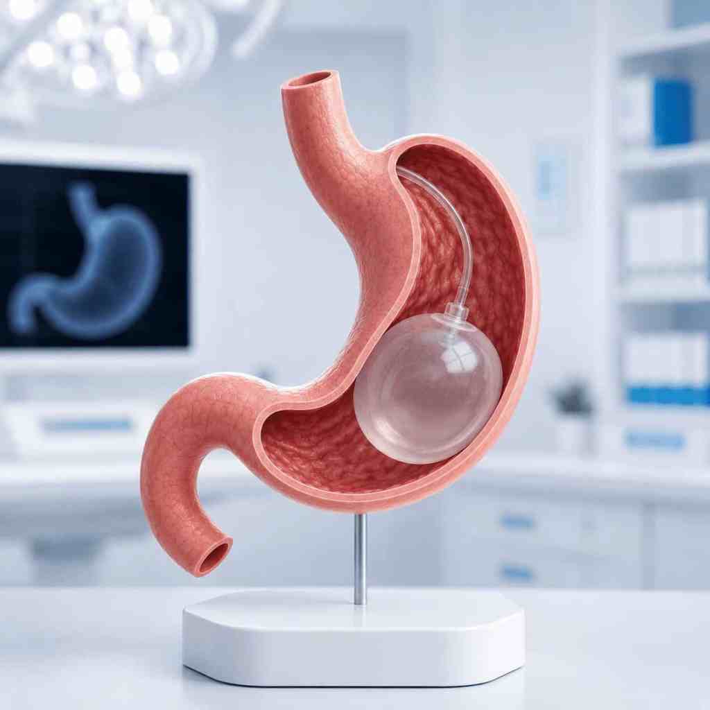 Illustration 3D d'un ballon gastrique placé dans l'estomac pour favoriser la perte de poids sans chirurgie.