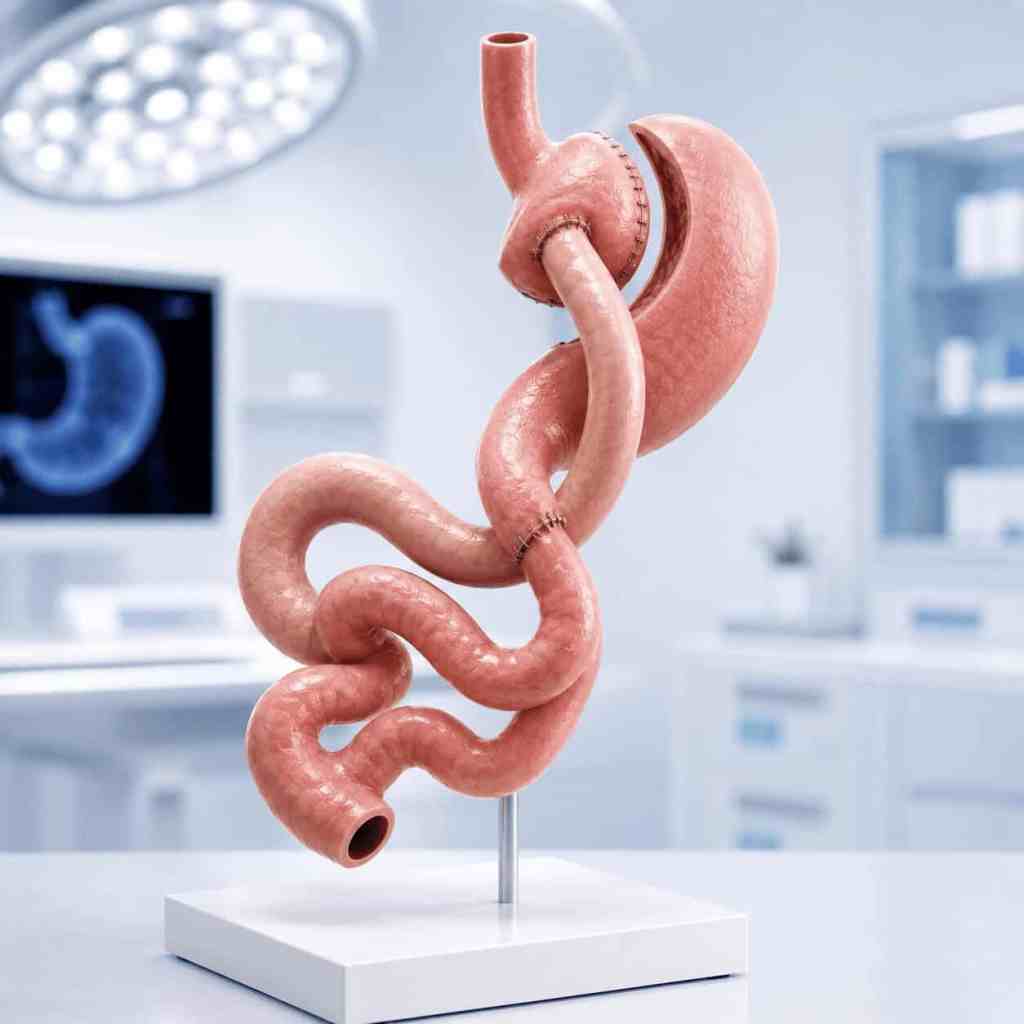 Illustrazione 3D di un bypass gastrico che mostra la riduzione dello stomaco e la deviazione di una parte dell'intestino.