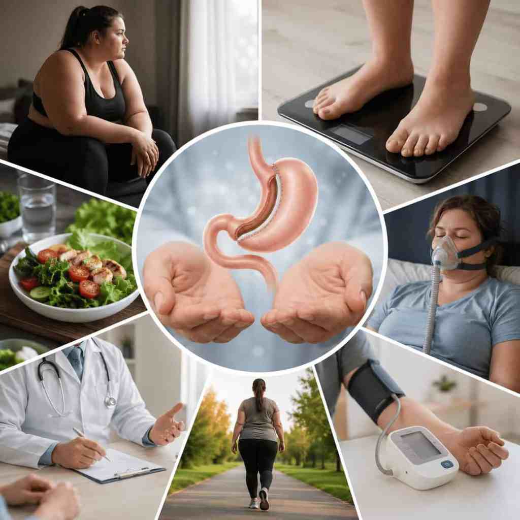 Illustration présentant les principaux critères pour envisager une chirurgie bariatrique en Turquie : obésité, alimentation, activité physique, hypertension, apnée du sommeil et suivi médical.