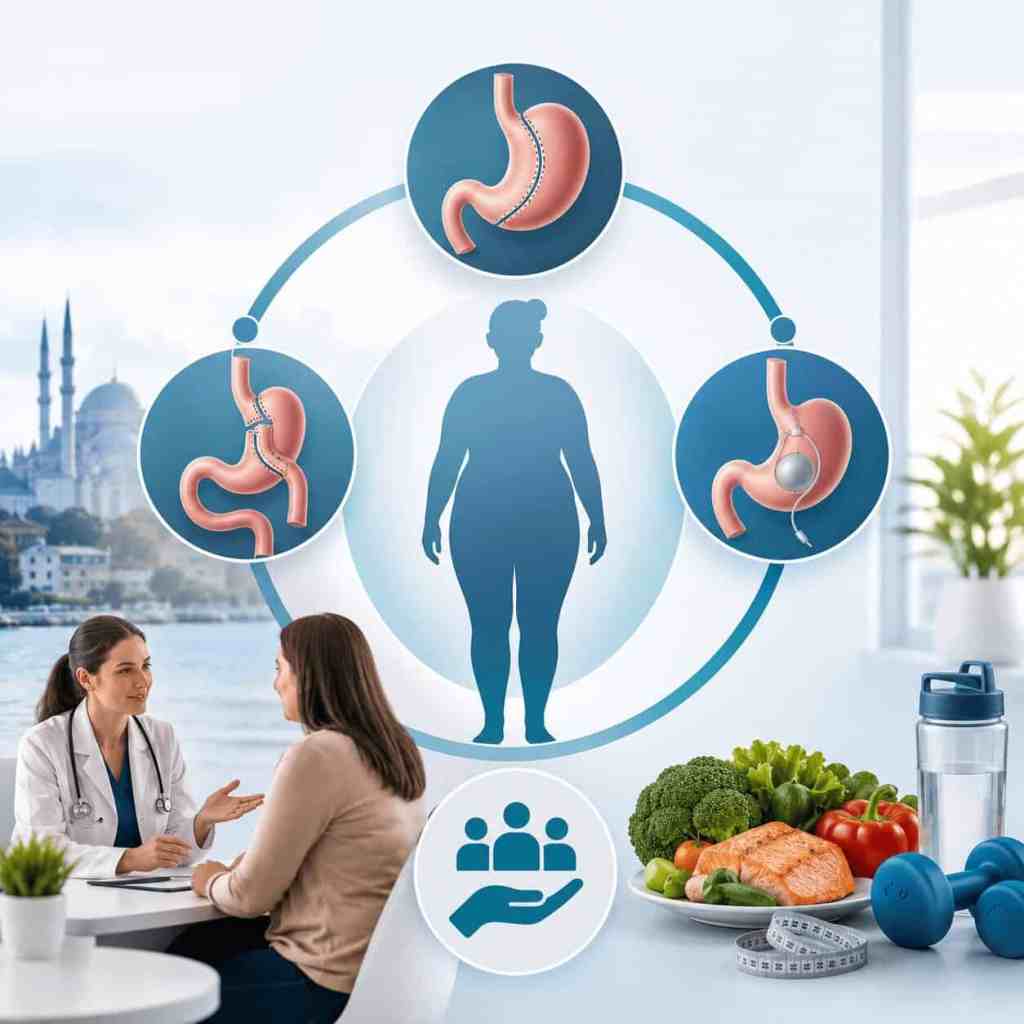 Illustrazione delle principali tecniche di chirurgia bariatrica con consulenza medica e supporto nutrizionale per il percorso di perdita di peso.