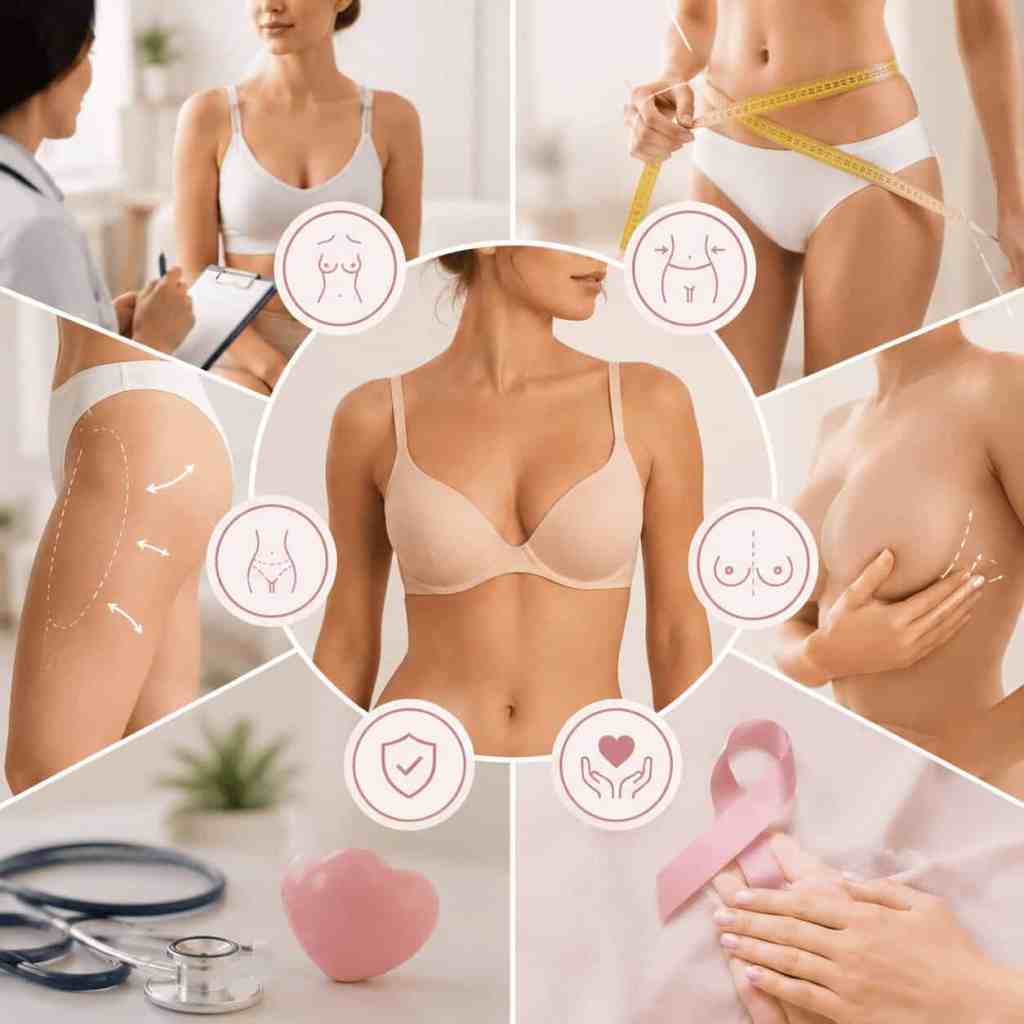 Illustrazione delle principali indicazioni per il lipofilling mammario: aumento naturale del seno, riserva di grasso sufficiente e correzione dell'asimmetria.