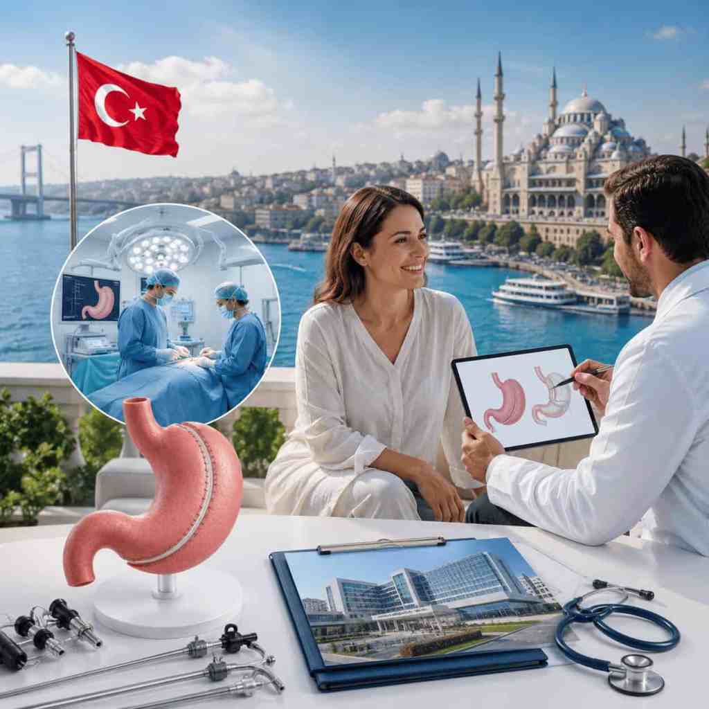 Illustrazione di una consulenza di chirurgia bariatrica in Turchia con un chirurgo, una clinica specializzata e le principali tecniche di chirurgia dell'obesità.