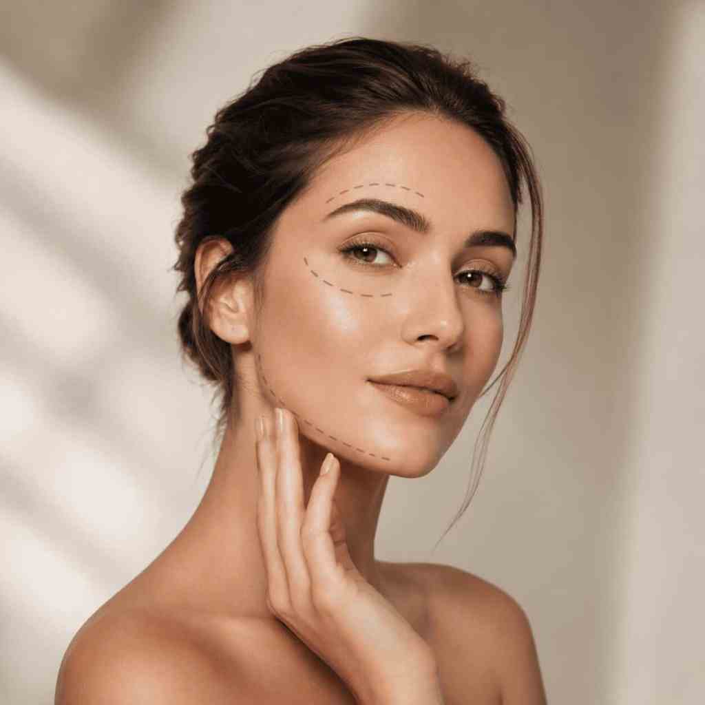 Femme avec marquages préopératoires du visage pour une chirurgie esthétique en Turquie