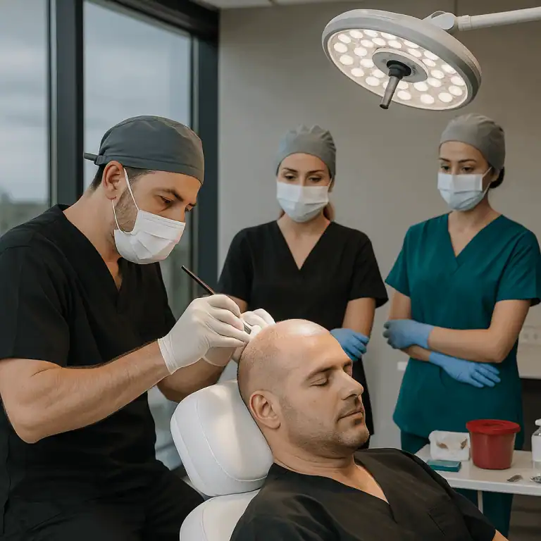 Specialisti durante un intervento di trapianto di capelli in una clinica specializzata in Turchia.