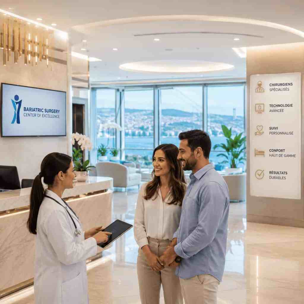 Accueil d'une clinique spécialisée en sleeve gastrectomie en Turquie avec une équipe médicale accueillant des patients internationaux dans un établissement moderne dédié à la chirurgie bariatrique.