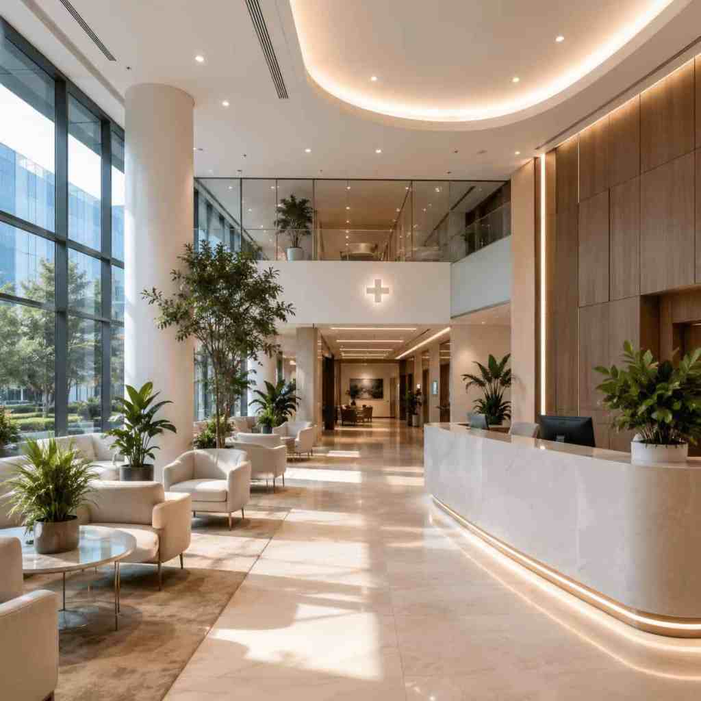 Hall lumineux d’une clinique moderne spécialisée en tourisme médical en Turquie