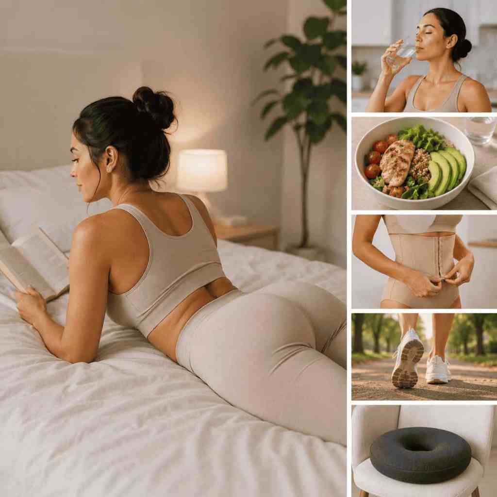 Buone pratiche per favorire il recupero dopo un Brazilian Butt Lift: alimentazione equilibrata, idratazione, riposo, guaina compressiva, cuscino BBL e ripresa graduale dell'attività fisica.