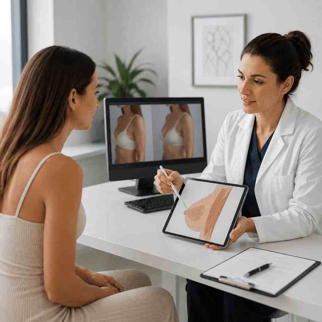 Consulenza preoperatoria con il chirurgo prima di un intervento di lipofilling mammario.