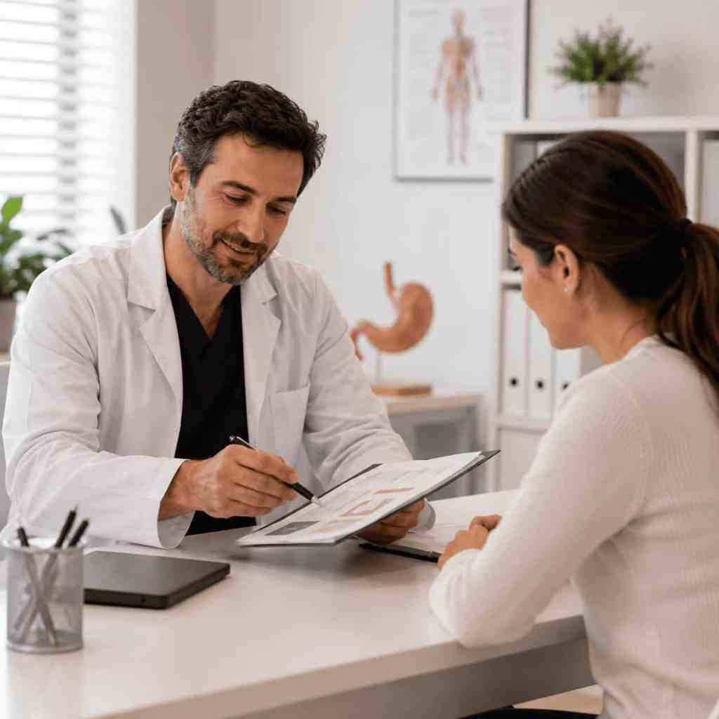 Consultation préopératoire avec un chirurgien spécialisé en sleeve gastrectomie en Turquie expliquant le bilan médical, les examens nécessaires et le déroulement de l'intervention avant l'opération.
