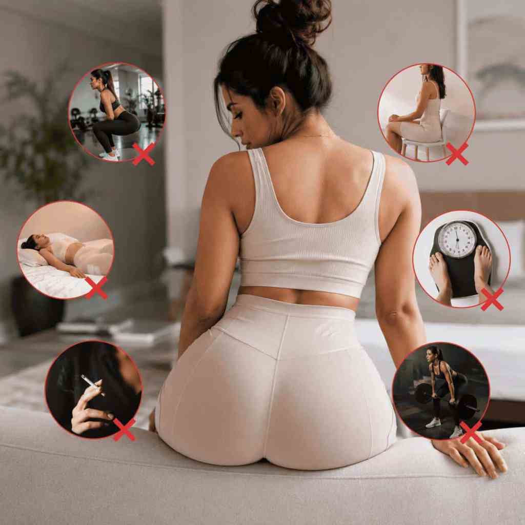 Illustrazione delle principali errori da evitare dopo un Brazilian Butt Lift, come sedersi troppo presto, fumare, riprendere lo sport troppo rapidamente e non seguire le indicazioni postoperatorie.