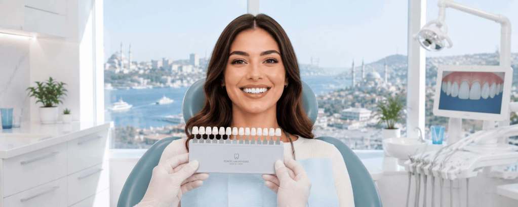 Patiente présentant le résultat de facettes dentaires dans une clinique spécialisée en Turquie.
