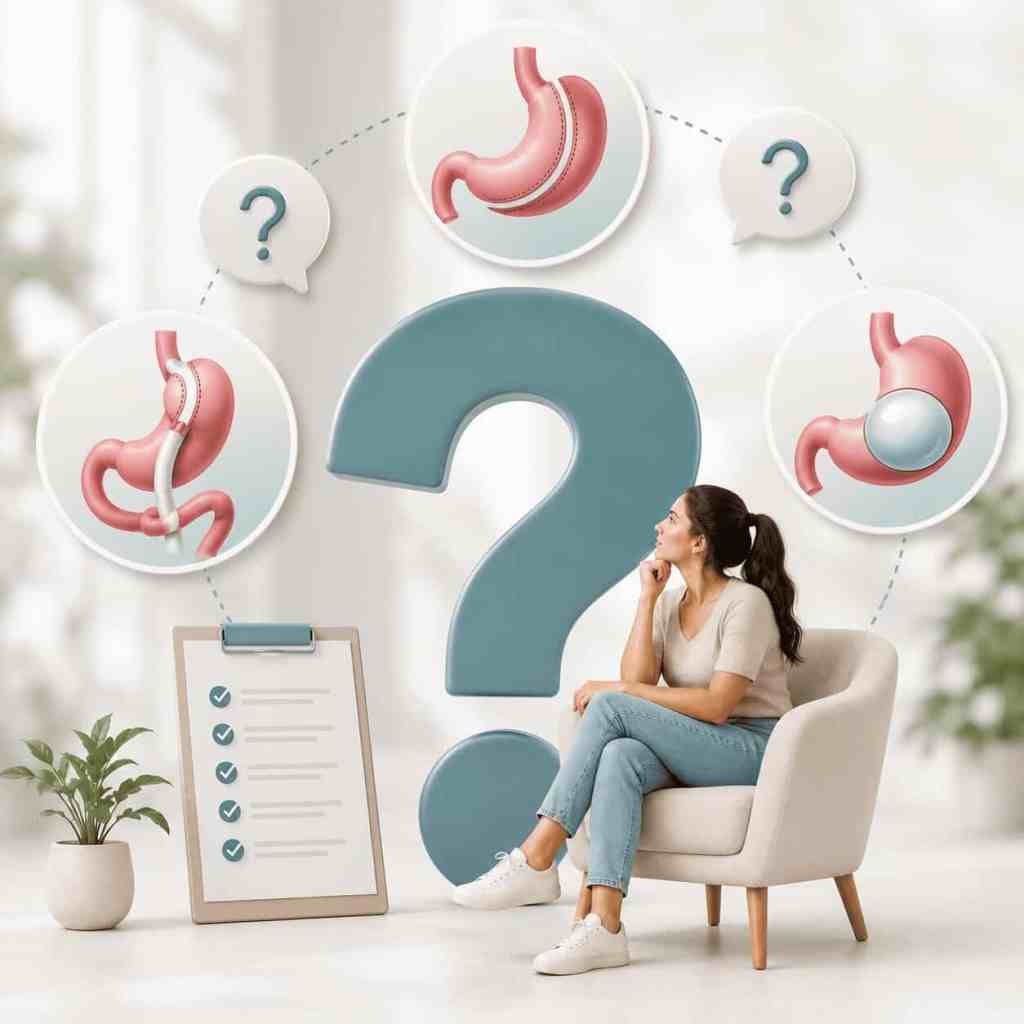 Illustrazione delle domande frequenti sulla chirurgia bariatrica in Turchia riguardanti sleeve gastrectomy, bypass gastrico e palloncino gastrico.