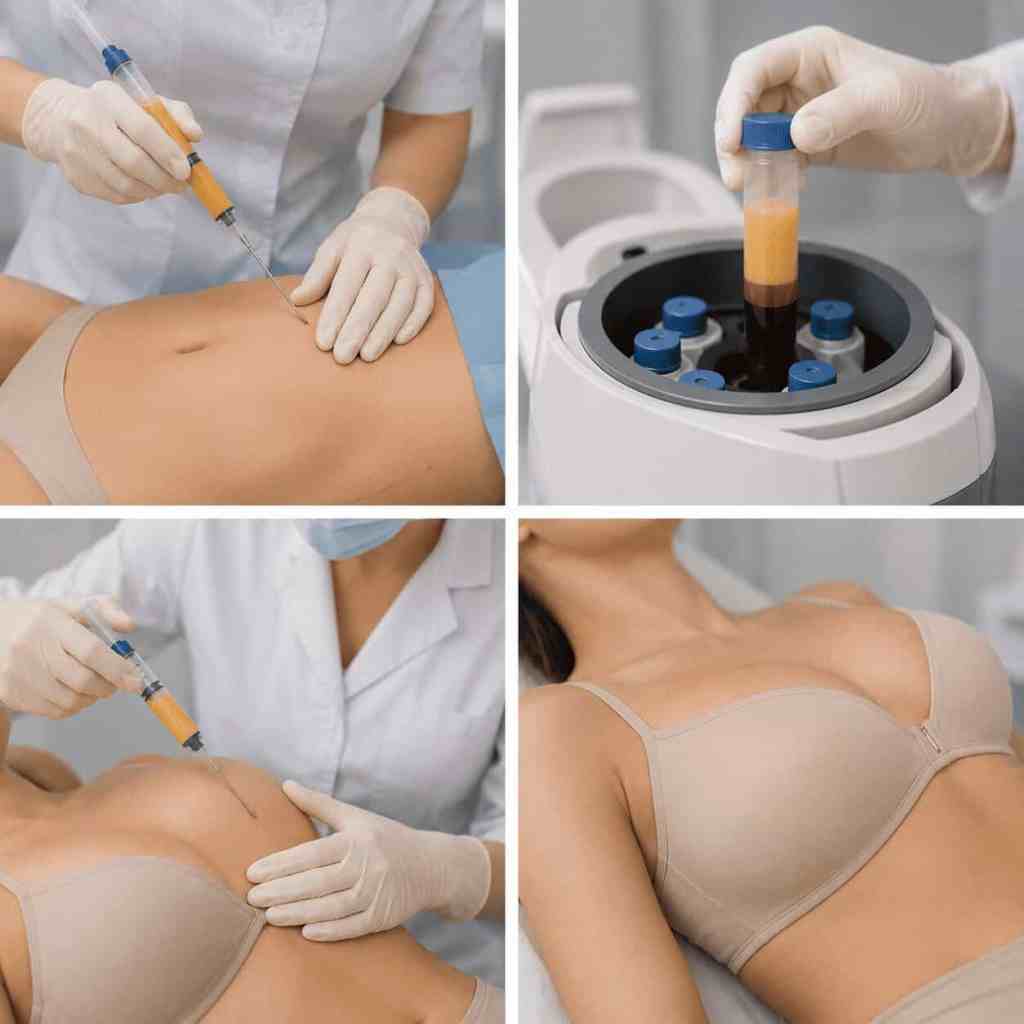 FAQ sul lipofilling mammario con immagini del prelievo, della purificazione del grasso, della reiniezione e del risultato finale.