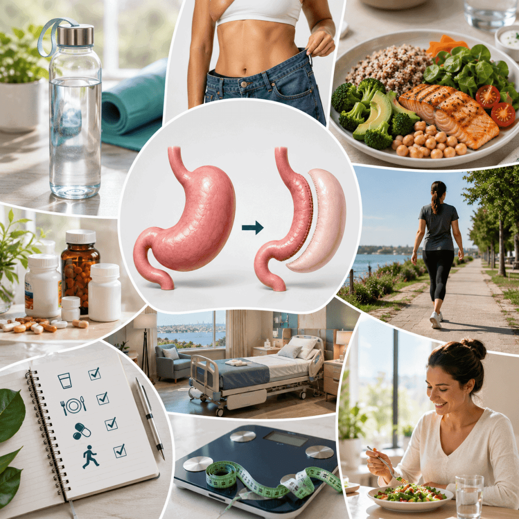 Infographie illustrant les principales questions sur la sleeve gastrectomie en Turquie : récupération, perte de poids, alimentation, vitamines, suivi médical, activité physique et résultats après l'intervention.