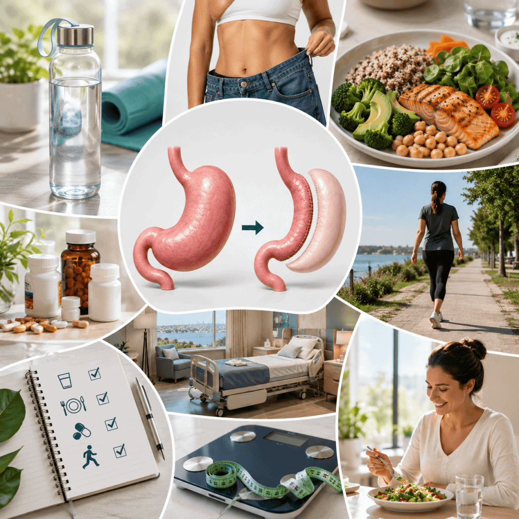 Infografica dedicata alle domande frequenti sulla sleeve gastrectomy in Turchia, con informazioni su recupero postoperatorio, perdita di peso, alimentazione, vitamine, controlli medici, attività fisica e risultati dell’intervento.