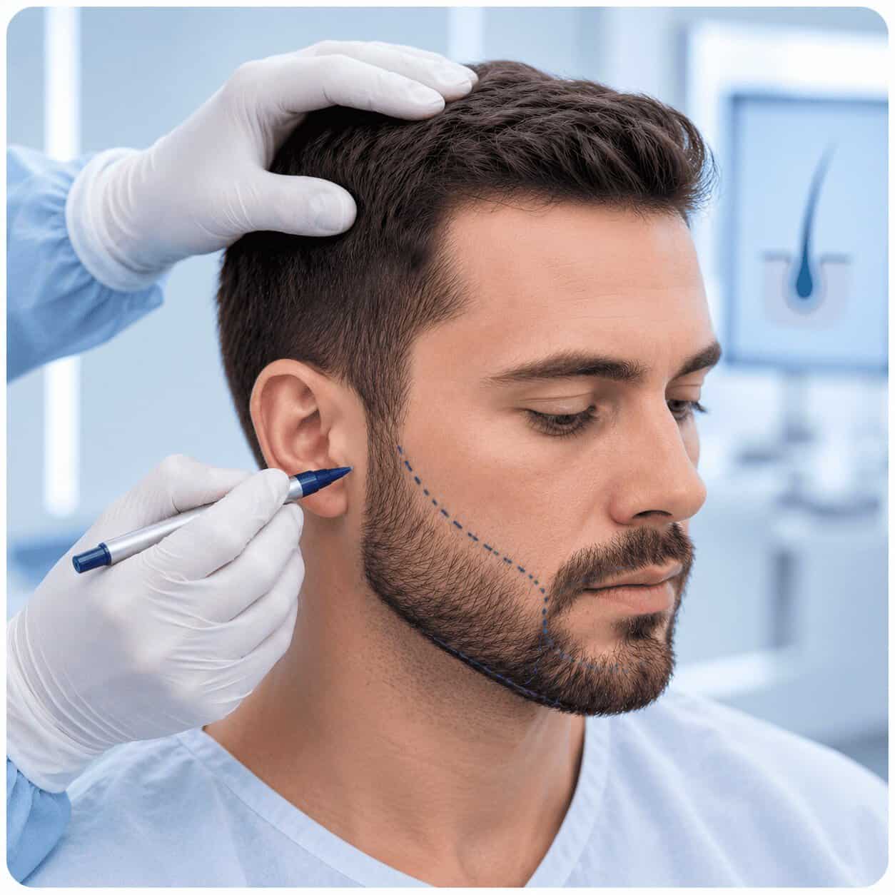 Greffe de barbe en Turquie avec tracé préopératoire de la future ligne de barbe.
