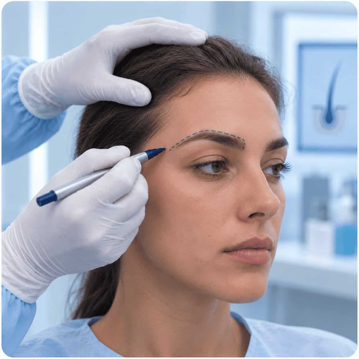 Greffe de sourcils en Turquie avec tracé préopératoire de la future ligne des sourcils.