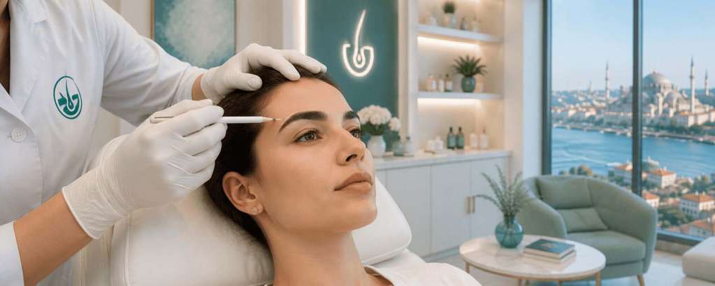 Chirurgien réalisant le dessin des sourcils avant une greffe de sourcils en Turquie dans une clinique spécialisée.