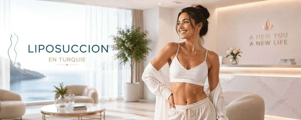 Femme souriante présentant une silhouette harmonieuse dans une clinique moderne pour illustrer la liposuccion en Turquie.
