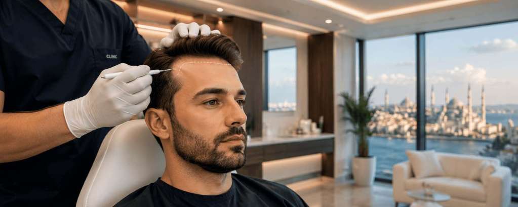 Trapianto di capelli in Turchia in una clinica moderna durante la consulenza preoperatoria con disegno dell'attaccatura.