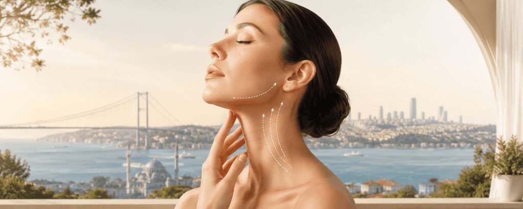 Donna di profilo che illustra un lifting del collo in Turchia
