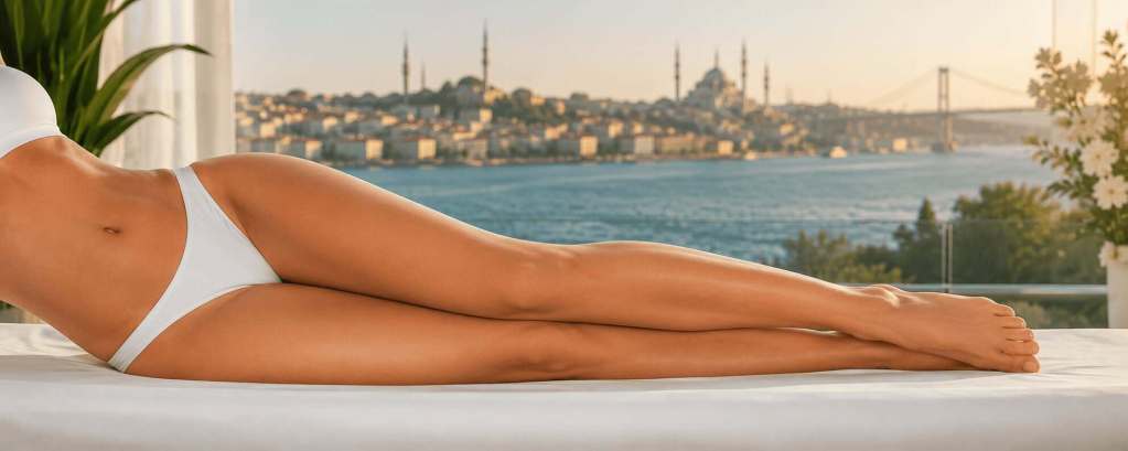 Femme allongée mettant en valeur des cuisses fermes avec vue sur Istanbul en arrière-plan