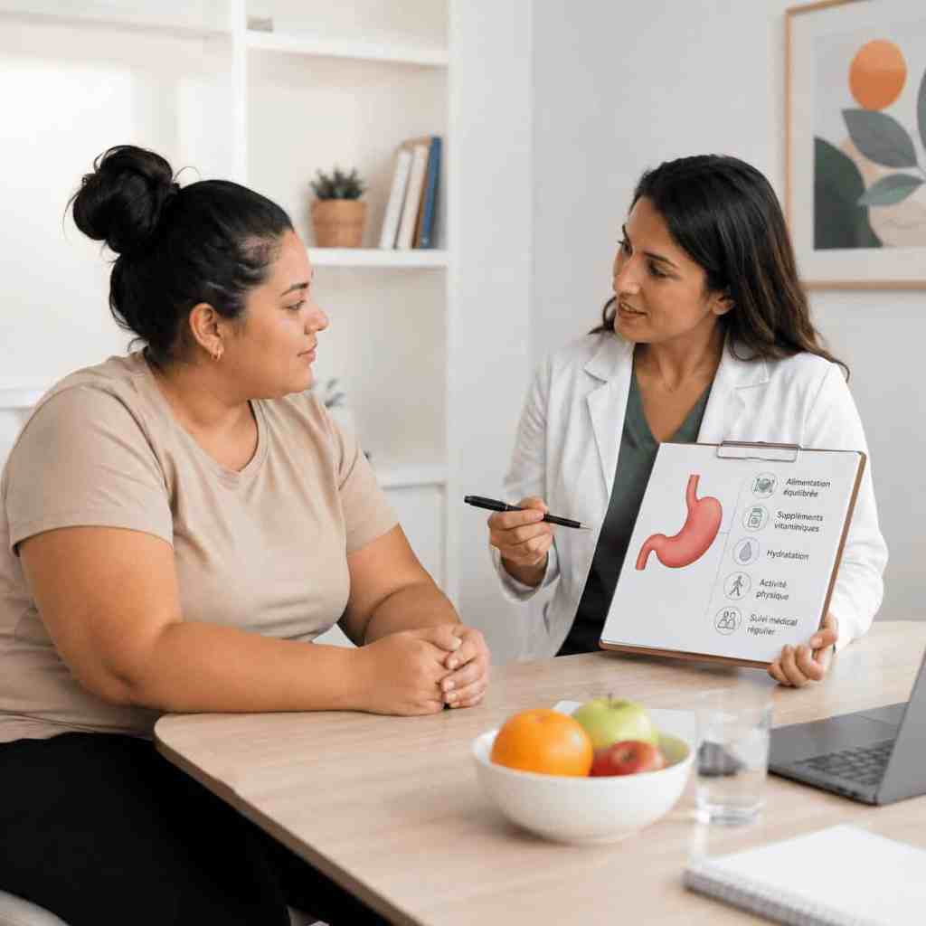 Consulenza nutrizionale dopo una sleeve gastrectomy che illustra i principali limiti dell'intervento, tra cui adattamento alimentare, controlli medici regolari e prevenzione delle carenze nutrizionali.
