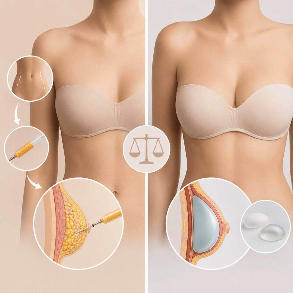 Confronto tra lipofilling mammario e protesi mammarie con illustrazione delle due tecniche di aumento del seno.