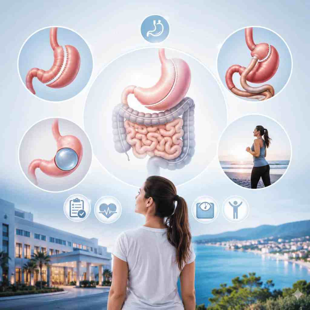 Illustrazione del percorso di chirurgia bariatrica in Turchia, dalla scelta della tecnica al dimagrimento e al follow-up medico.