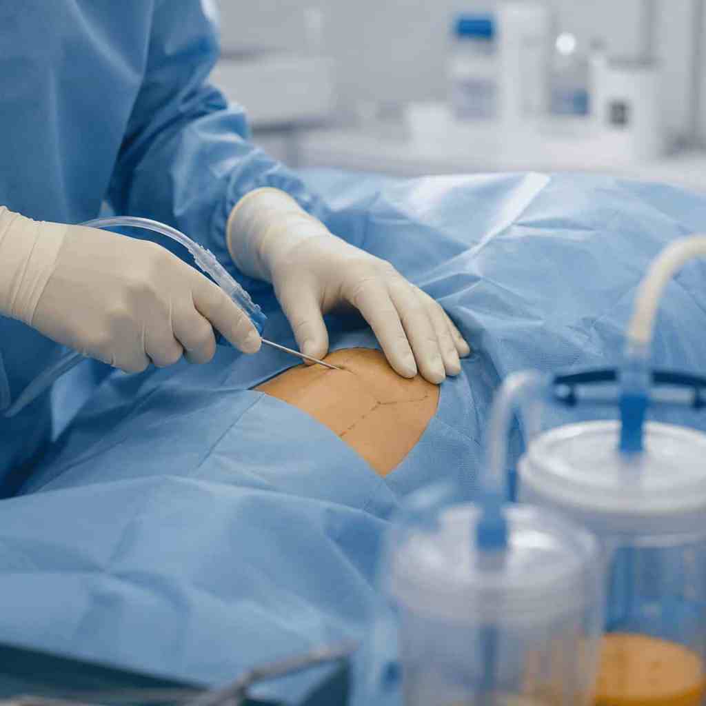 Prelievo del grasso mediante liposuzione durante un intervento di lipofilling mammario.