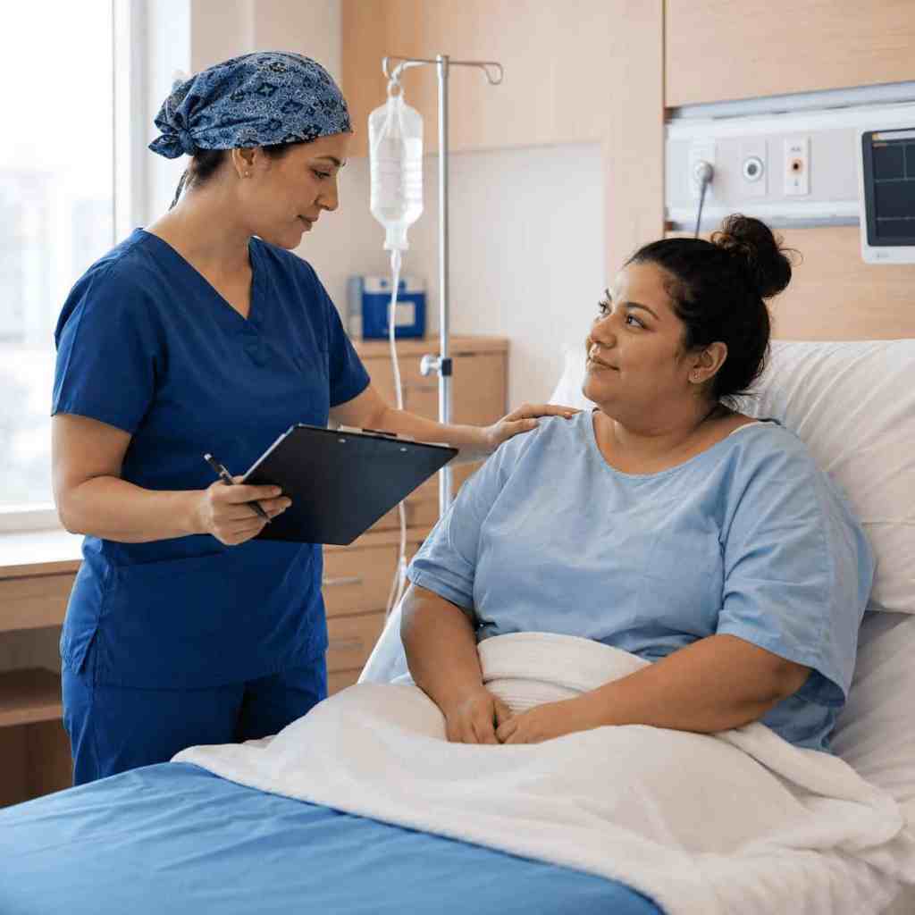 Paziente ricoverata che riceve le ultime indicazioni da un’infermiera prima della sleeve gastrectomy in Turchia, durante la preparazione preoperatoria e il controllo della cartella clinica.