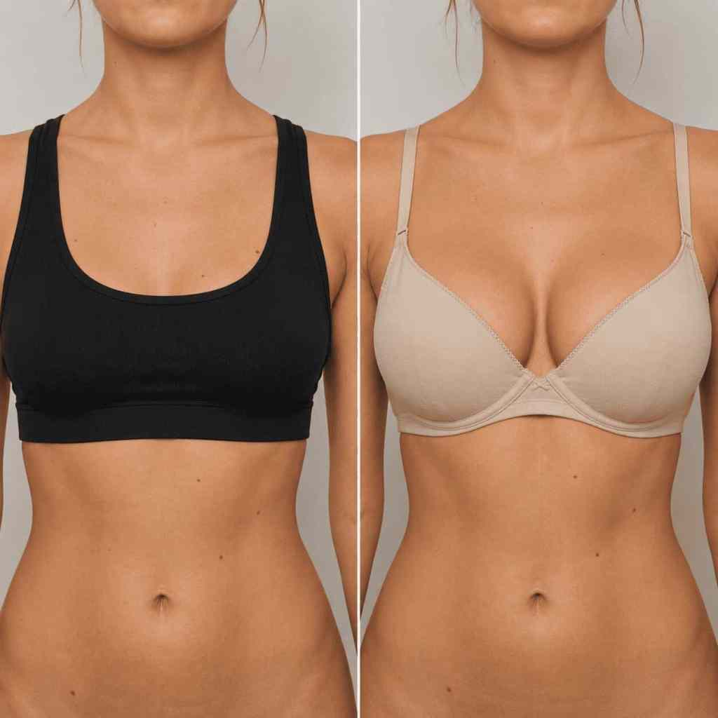 Prima e dopo un lipofilling mammario eseguito in Turchia con risultato armonioso.