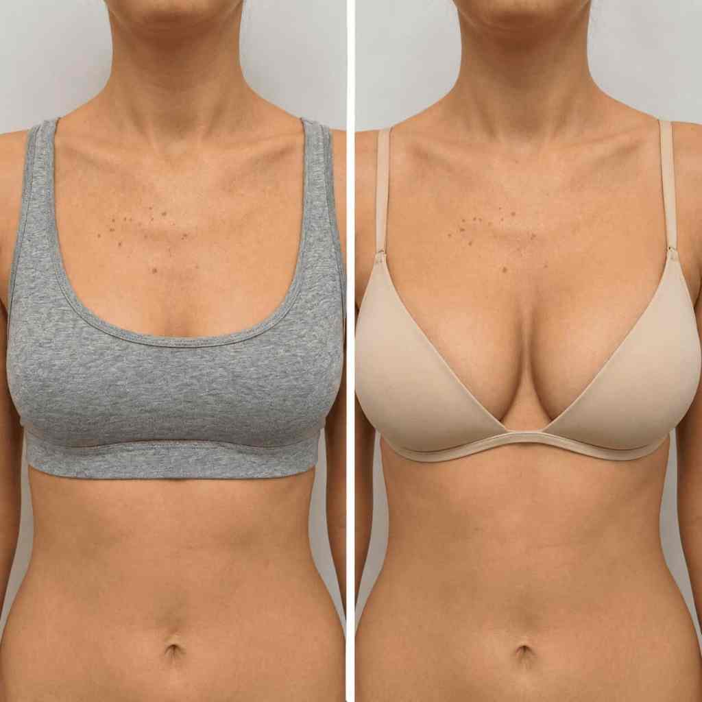 Risultato prima e dopo un lipofilling mammario con miglioramento del volume e della forma del seno.
