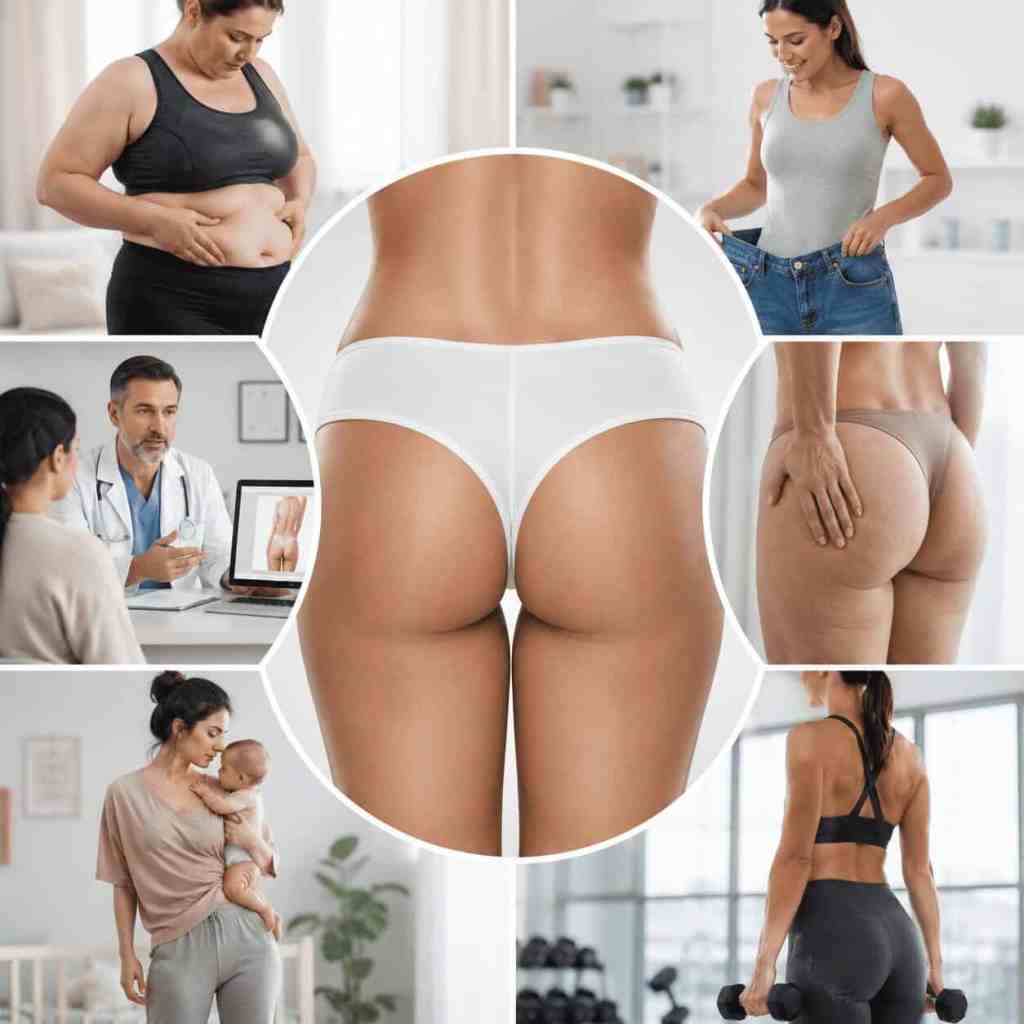 Donna durante un consulto chirurgico per valutare un lifting dei glutei dopo dimagrimento, gravidanza, invecchiamento o marcato rilassamento cutaneo.