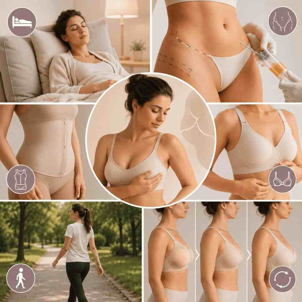 Illustrazione delle principali fasi del recupero dopo un lipofilling mammario: riposo, guaina compressiva, ripresa delle attività ed evoluzione del seno.