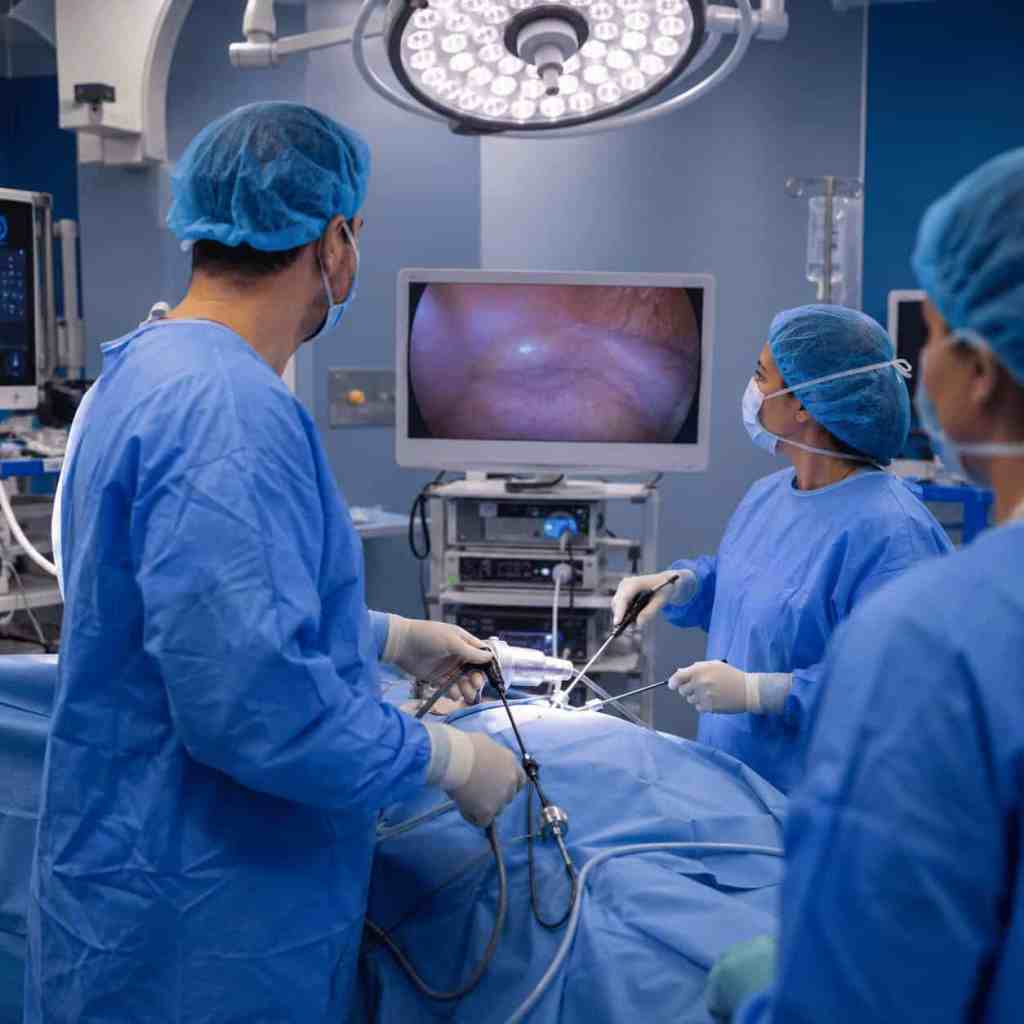 Chirurgien réalisant une sleeve gastrectomie par cœlioscopie dans une clinique spécialisée en Turquie afin de réduire le volume de l'estomac pour traiter l'obésité.