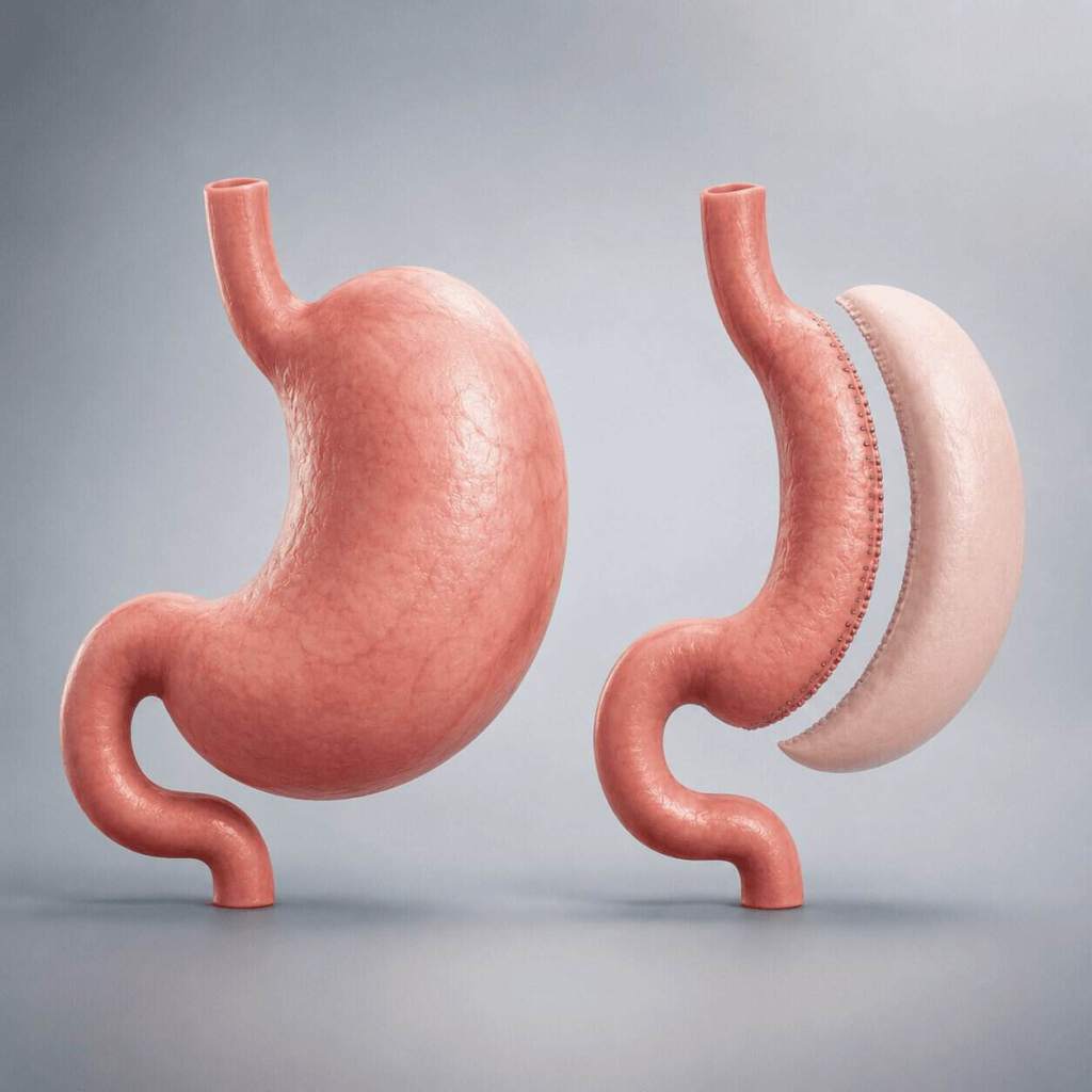 Illustration médicale montrant la réduction de l'estomac lors d'une sleeve gastrectomie en Turquie, avec comparaison entre un estomac normal et l'estomac après une chirurgie bariatrique.