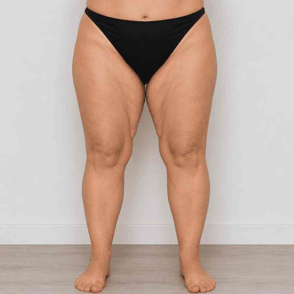 Relâchement cutané important de la face interne des cuisses après une perte de poids, pouvant être corrigé par un lifting des cuisses en Turquie.