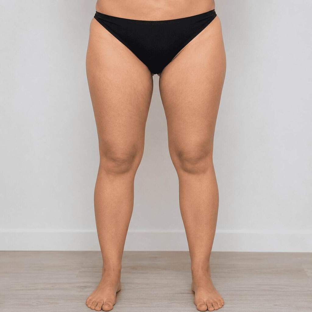 Relâchement cutané léger de la face interne des cuisses chez une femme, candidate à un lifting des cuisses en Turquie.