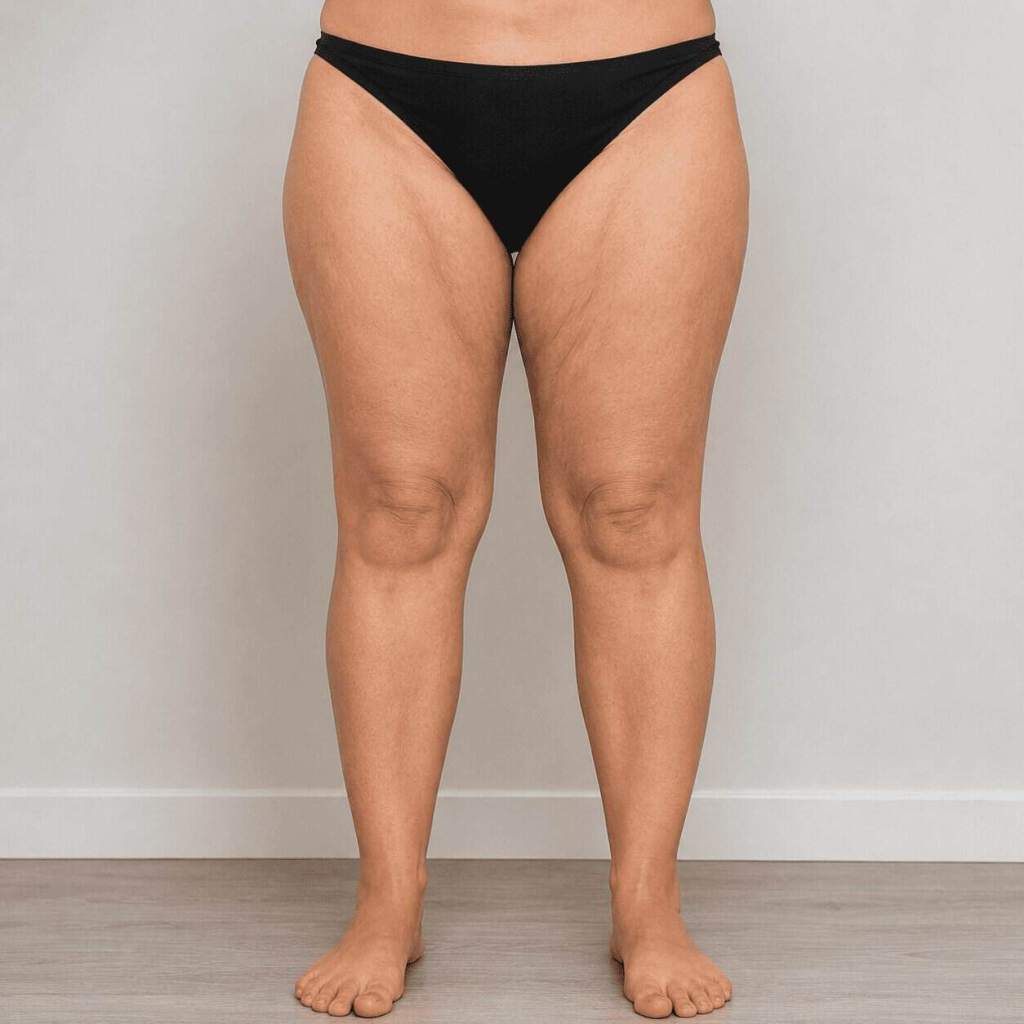 Relâchement cutané modéré de la face interne des cuisses avec excès de peau, pouvant nécessiter un lifting des cuisses en Turquie.