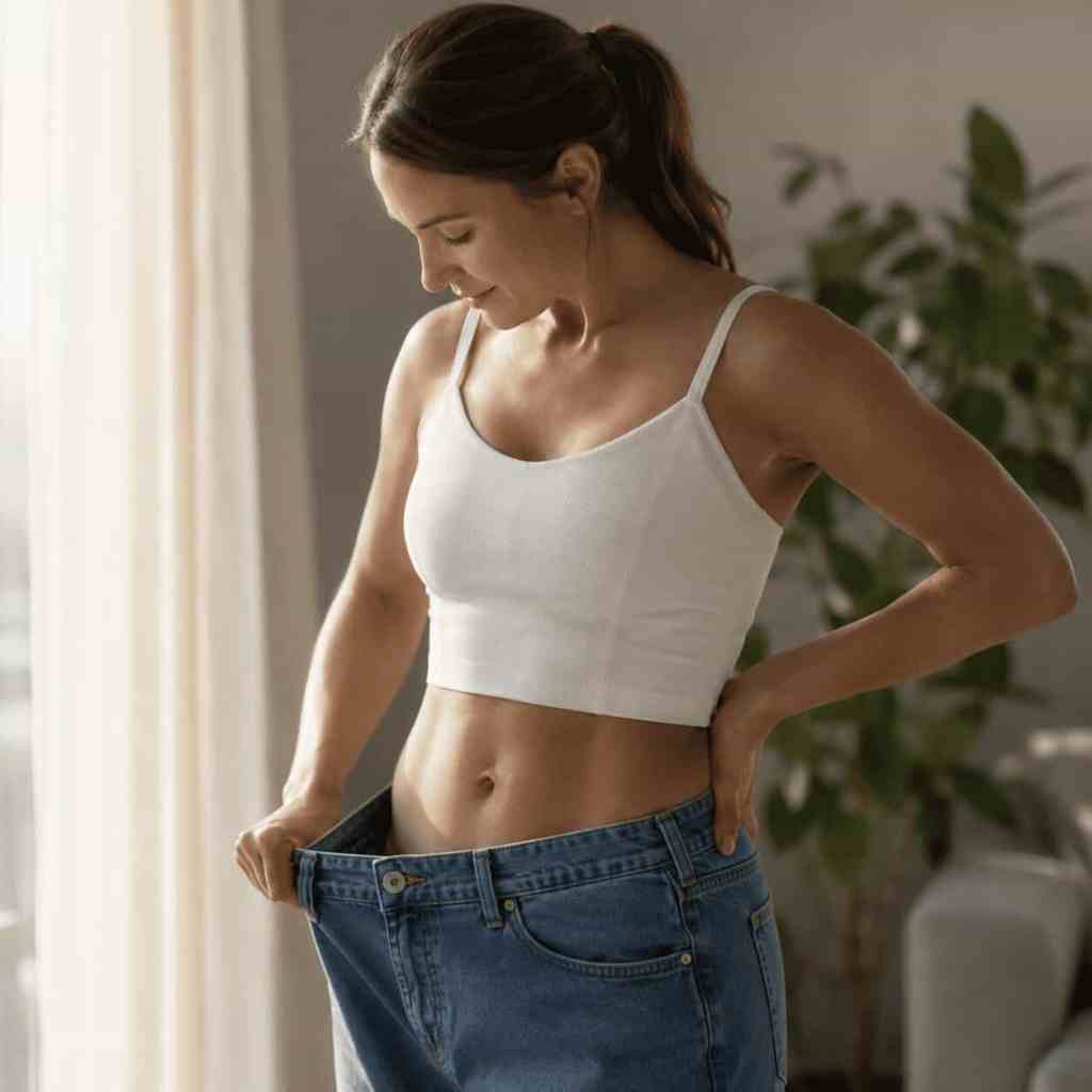 Patiente montrant les résultats d'une sleeve gastrectomie en Turquie avec une perte de poids importante et un pantalon devenu trop grand après une chirurgie bariatrique réussie.