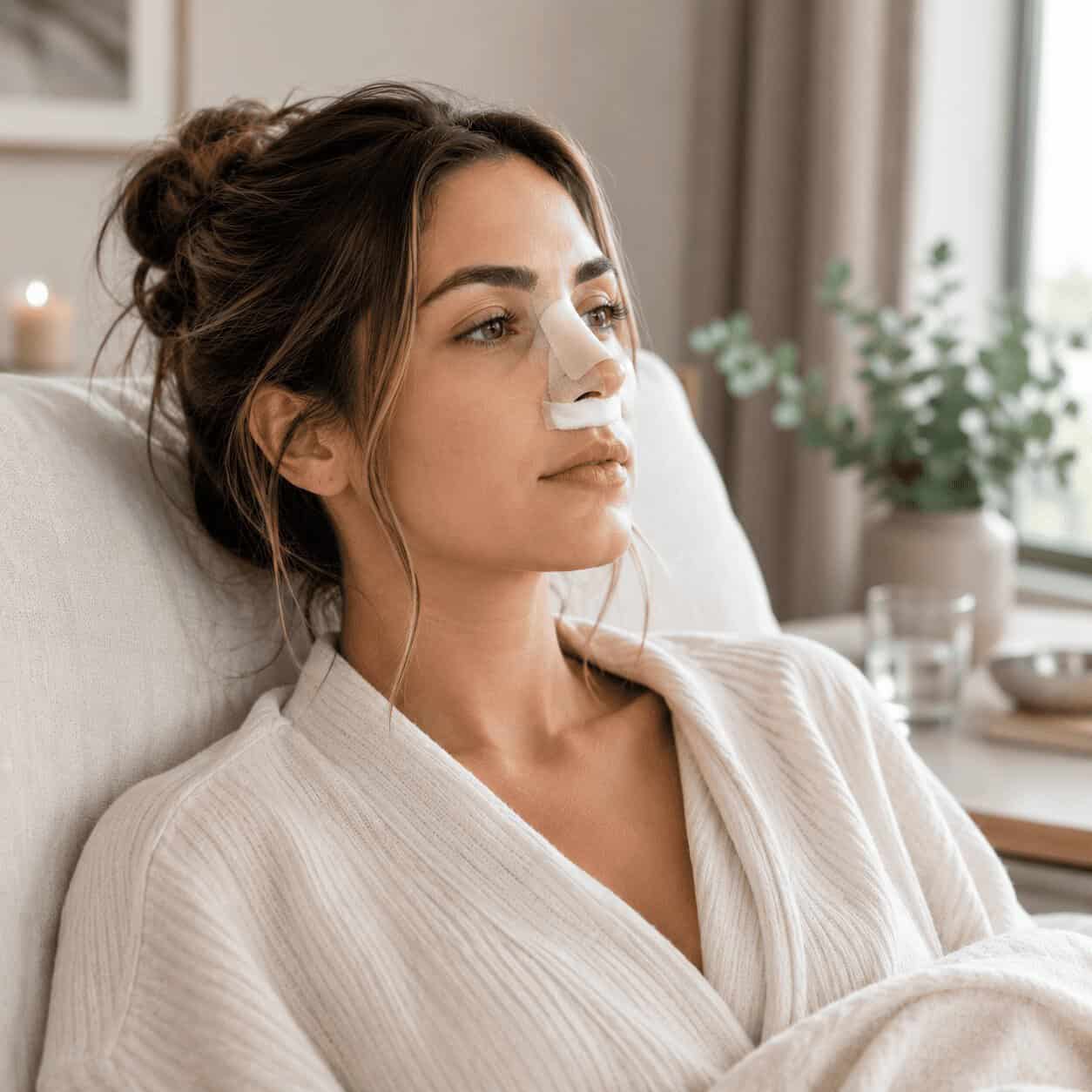 Femme en récupération après une rhinoplastie avec attelle nasale lors des premiers jours postopératoires